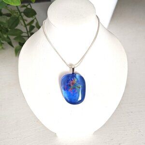 Handmade translucent blue with pink green abstract flower pendant necklace